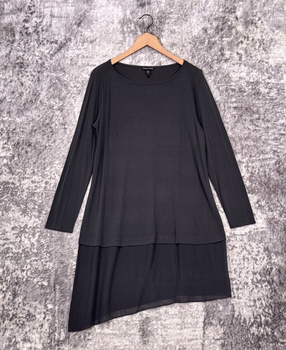 Eileen Fisher Tunic Medium Womens Gray Silk Asymmetrical Long Sleeve Dress